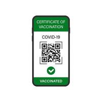 certificado de vacuna e inmunidad de covid en el icono de la aplicación de teléfono móvil. pantalla de pasaporte verde con código qr. certificado de vacunación digital y pasaporte sanitario verde. ilustración vectorial aislada. vector