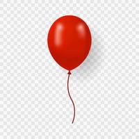 Single Red Balloon with Ribbon on Transparent Background. Red Realistic Ballon for Party, Birthday, Anniversary, Celebration. Round Air Ball with String. Isolated Vector Illustration.