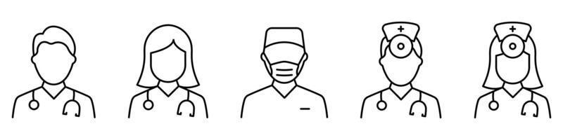 Hospital Healthcare Staff Line Icon. Male and Female Professional Doctors Outline Pictogram. Nurse, Otolaryngologist, Surgeon icon. Isolated Vector Illustration.