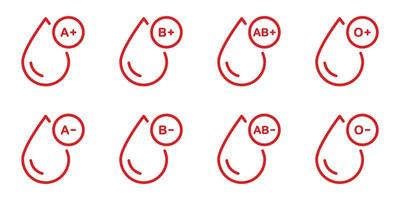 Blood Type Red Line Icon. Group of Blood Pictogram. Plasma Drops Collection. O, A, B, AB Positive and Negative Type of Blood Outline Icon Set. Isolated Vector Illustration.