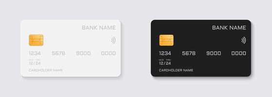 Black and White Mock Up of Debit Bank Card. Template of Plastic Credit Bank Card. E-commerce Concept. Plastic Credit or Debit Card with Golden Chip Mockup. Isolated Vector Illustration.