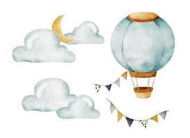 Watercolor set with hot air balloons and garland. vector