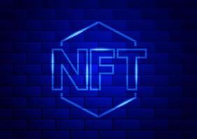 Concept banner NFT non fungible tokens on dark blue brick wall background. Vector illustration