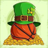 St Patrick's day lucky Basketball ball with Leprechaun hat in a pile of golden coins vector