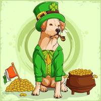 perro labrador de san patricio con sombrero de duende y traje con una olla de monedas de oro y la bandera irlandesa vector