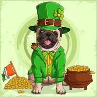 perro pug de san patricio con sombrero de duende y traje con una olla de monedas de oro y la bandera irlandesa vector