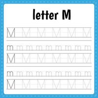 Writing letters. Tracing page. Practice sheet. Worksheet for kids. Learn alphabet. Letter M vector