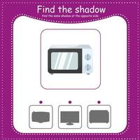 Microwave. Find the correct shadow. Educational game for children. Cartoon vector illustration.