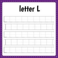 Writing letters. Tracing page. Practice sheet. Worksheet for kids. Learn alphabet. Letter L vector