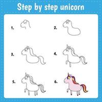 Drawing lesson for children. How draw a unicorn. Drawing tutorial for kids. Step by step repeats the picture. Kids activity art page for book. Vector illustration.