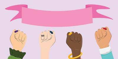 Four women fists raised up on purple background. Women empowerment concept illustration. Diverse women fists with a pink ribbon on top. For banners, cards, advertisements, backgrounds. vector