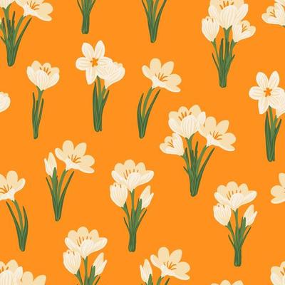 Spring flower crocus, saffron floral seamless pattern. Background for wrapping paper, textile, fabric, wallpaper, scrapbook, congratulation Easter, Happy Mothers and Womens Day. Flat cartoon design