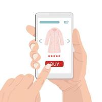 Online shopping concept. Hand held mobile smart phone with shop app and buy a pink faux fur coat. Mobile shopping on social networks through phone vector illustration.