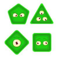 Green geometric shapes set with face emotions. Square, triangle, rhombus, hexagon forms with eyes. Hand drawn vector illustration for kids. Cute funny characters. Isolated on white background.