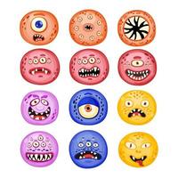 Hand drawn round Doodle monsters characters with different expressions. Cheerful face emotions. Colorful vector sticker set. Cute game assets. Illustration for kids isolated on white background