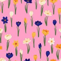 Spring flower crocus, saffron floral seamless pattern. Background for wrapping paper, textile, fabric, wallpaper, scrapbook, congratulation Easter, Happy Mothers and Womens Day. Flat cartoon design vector