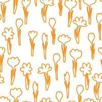 Spring flower crocus, saffron seamless pattern. Background for wrapping paper, textile, fabric, wallpaper, scrapbook, congratulation Easter, Mothers and Womens Day. Childish doodle stroking style vector