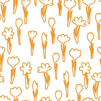 Spring flower crocus, saffron seamless pattern. Background for wrapping paper, textile, fabric, wallpaper, scrapbook, congratulation Easter, Mothers and Womens Day. Childish doodle stroking style