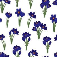 Spring flower crocus, saffron floral seamless pattern. Background for wrapping paper, textile, fabric, wallpaper, scrapbook, congratulation Easter, Happy Mothers and Womens Day. Flat cartoon design vector