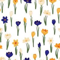 Spring flower crocus, saffron floral seamless pattern. Background for wrapping paper, textile, fabric, wallpaper, scrapbook, congratulation Easter, Happy Mothers and Womens Day. Flat cartoon design vector