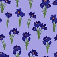 Spring flower crocus, saffron floral seamless pattern. Background for wrapping paper, textile, fabric, wallpaper, scrapbook, congratulation Easter, Happy Mothers and Womens Day. Flat cartoon design vector