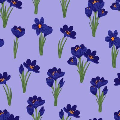 Spring flower crocus, saffron floral seamless pattern. Background for wrapping paper, textile, fabric, wallpaper, scrapbook, congratulation Easter, Happy Mothers and Womens Day. Flat cartoon design