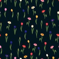 patrón floral transparente tulipanes rojos, amarillos, púrpuras, rosas y hojas verdes. Fondo de flores de primavera para envolver, textil, papel tapiz, álbum de recortes, pascua, madres felices, día de la mujer. diseño plano de dibujos animados vector
