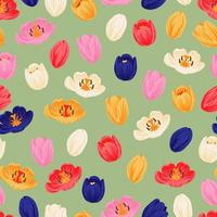 Seamless floral pattern red, yellow, purple, pink tulips and green leaves. Spring flowers background for wrapping, textile, wallpaper, scrapbook, Easter, Happy Mothers, Womens Day. Flat cartoon design vector