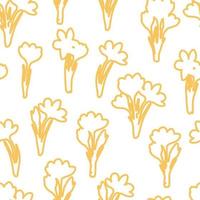 Spring flower crocus, saffron seamless pattern. Background for wrapping paper, textile, fabric, wallpaper, scrapbook, congratulation Easter, Mothers and Womens Day. Childish doodle stroking style vector