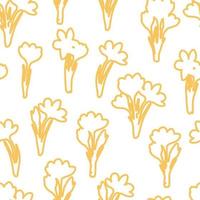 Spring flower crocus, saffron seamless pattern. Background for wrapping paper, textile, fabric, wallpaper, scrapbook, congratulation Easter, Mothers and Womens Day. Childish doodle stroking style vector