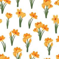 Spring flower crocus, saffron floral seamless pattern. Background for wrapping paper, textile, fabric, wallpaper, scrapbook, congratulation Easter, Happy Mothers and Womens Day. Flat cartoon design vector