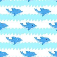 patrón sin costuras con delfines divertidos, ondas azules. fondo vectorial textil de tela para bebés. telón de fondo de verano. para envolver, empaquetar productos, imprimir ropa de camisetas. papel digital de animales vector