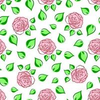 Seamless pattern with pink green leaved roses. Hand draw flower. Line brush style. Vector background. For wrapping, fabric textile, package design, wallpaper, clothes print, digital paper