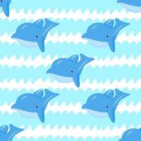 Seamless pattern with funny dolphin, blue waves. Vector background. Baby fabric textile. Summer backdrop. For wrapping, package product, t shirt clothes print. Animal digital paper