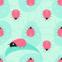 Seamless ladybug pattern with silhouette insect, leaf. Summer background. For fabric textile, wrapping, wallpaper, clothers print. Vector illustration