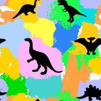 Seamless pattern with dinosaur silhouette on colorful watercolor spots. Vector background. Endless backdrop. Wrapping, digital paper, fabric textile for children. Prehistiric animal