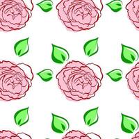 Seamless pattern with pink green leaved roses. Hand draw flower. Line brush style. Vector background. For wrapping, fabric textile, package design, wallpaper, clothes print, digital paper