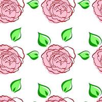 Seamless pattern with pink green leaved roses. Hand draw flower. Line brush style. Vector background. For wrapping, fabric textile, package design, wallpaper, clothes print, digital paper