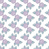 Seamless pattern with violet roses, grey leaves. Hand draw flower. Line brush style. Vector background. For wrapping, fabric textile, package design, wallpaper, clothes print, digital paper