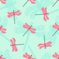 Summer seamless pattern with silhouette of dragonfly fly. Vecor background. Wallpaper, wrapping paper, clothes print. Green, pink color vector