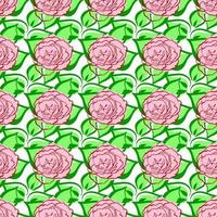 Seamless pattern with pink rose, green leaves. Hand draw flower. Line brush style. Vector background. For wrapping, fabric textile, package design, wallpaper, print, digital paper