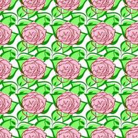 Seamless pattern with pink rose, green leaves. Hand draw flower. Line brush style. Vector background. For wrapping, fabric textile, package design, wallpaper, print, digital paper