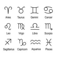 símbolo del zodiaco y sus nombres conjunto de pictogramas de ilustración vectorial para astrología, horóscopo, iconos lineales en estilo simple dibujado a mano vector