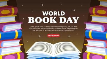 World book day banner with a shining opened book and stack of books vector