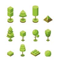 conjunto vectorial de iconos isométricos de árboles. colección de objetos botánicos naturales. Ilustración 3d de plantas. el concepto de representar un árbol en forma de forma geométrica simple. plantas para el parque, jardín vector