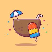 bebida de coco con ilustración de icono de vector de dibujos animados de helado de fruta. concepto de icono de vacaciones de alimentos vector premium aislado. estilo de dibujos animados plana