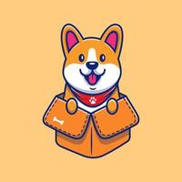 lindo corgi jugando en la ilustración de icono de vector de dibujos animados de caja. concepto de icono de naturaleza animal vector premium aislado. estilo de dibujos animados plana