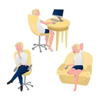 Blonde man watching TV, working on computer and sitting on rolling chair. vector