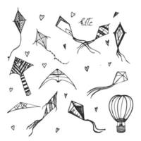 Kites and aerostat hand drawn sketch. vector