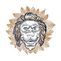 Lion head surrounded with leaves vector sketch.